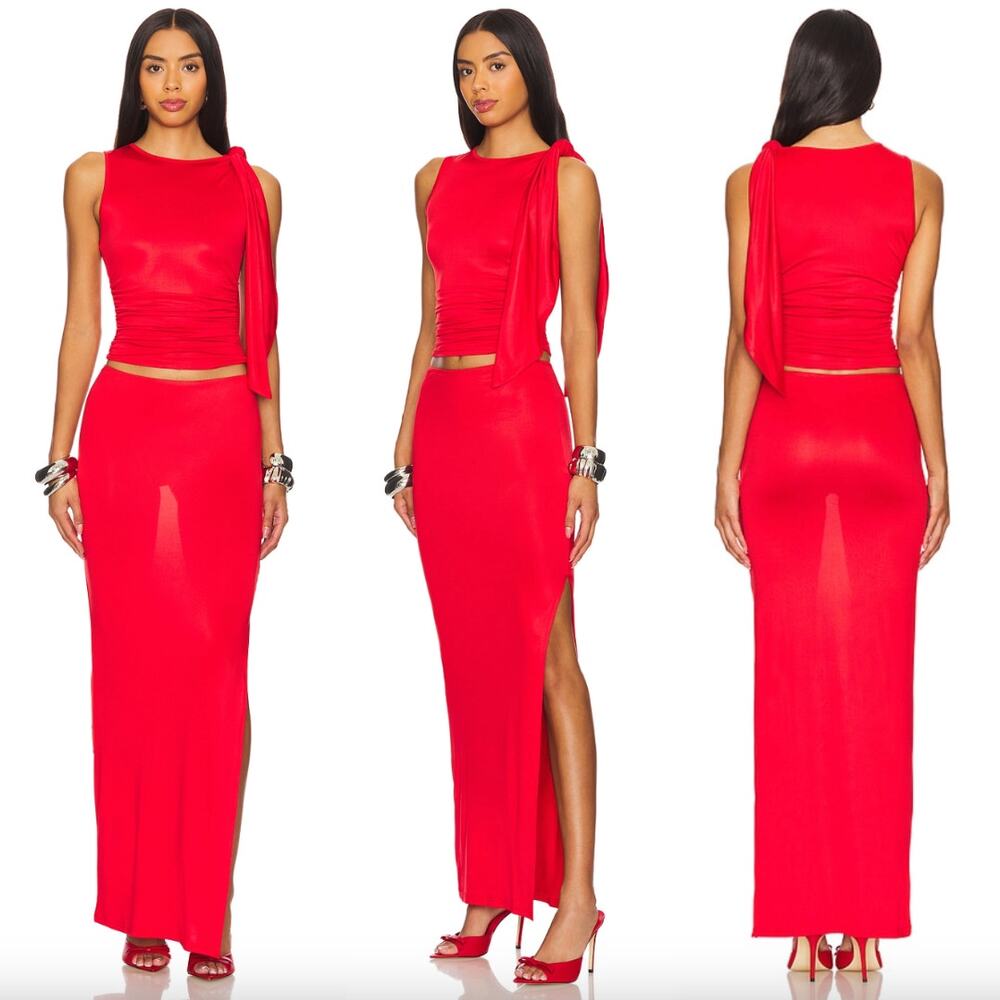 superdown | Juli Maxi Set in Red Jersey Ruched Tank and Maxi Skirt XS